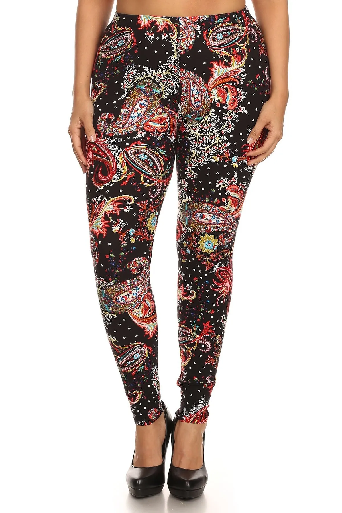 Plus size paisley print leggings in multi-color, full length.