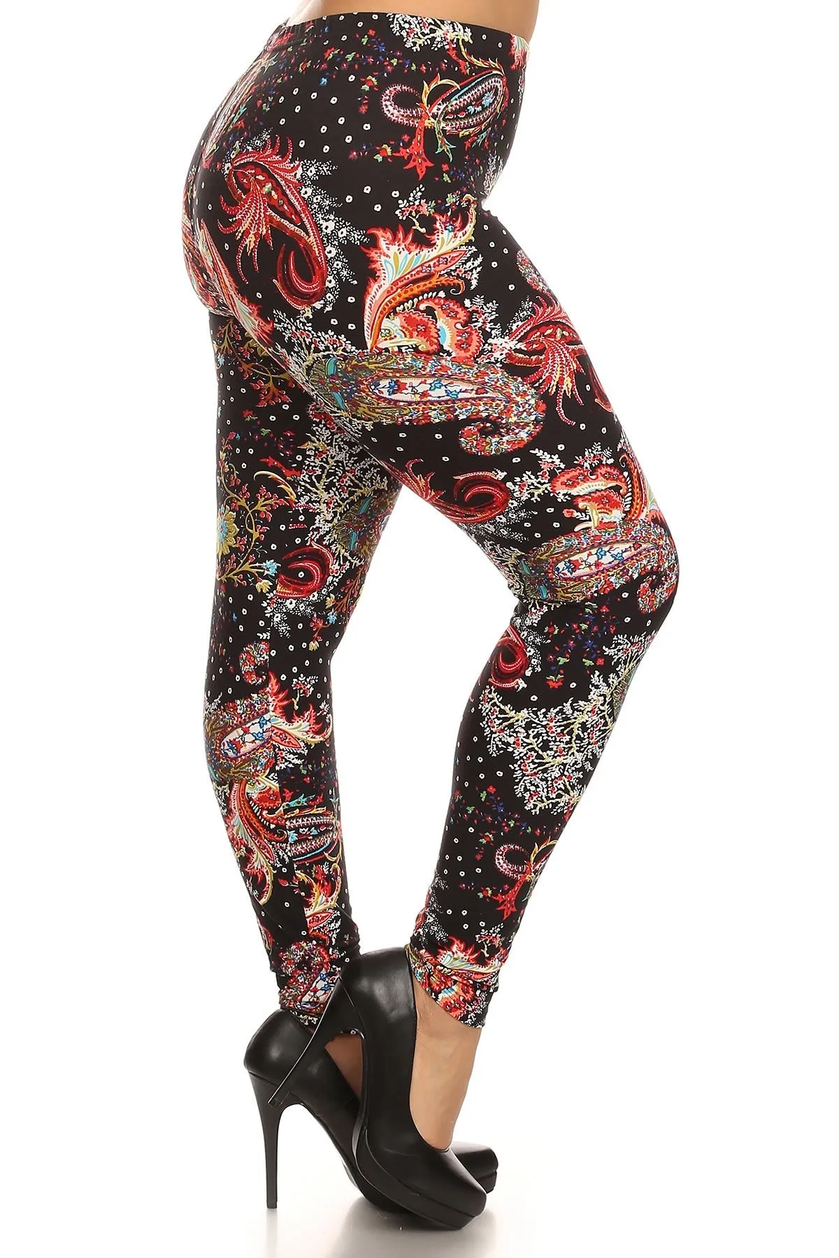 Plus size paisley print leggings in multi-color, full length.