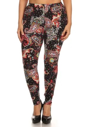 Plus size paisley print leggings in multi-color, full length.