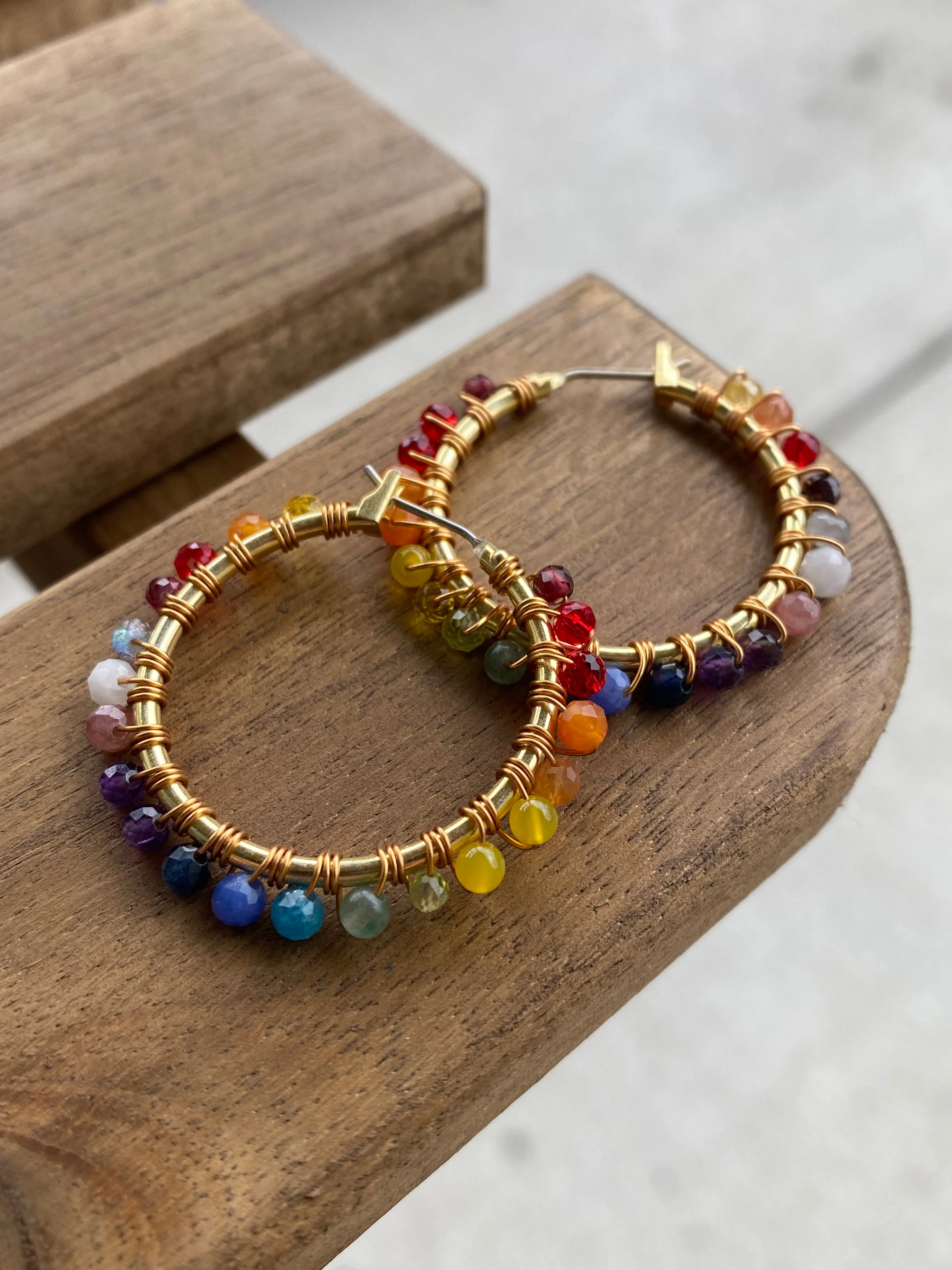 Rainbow gemstone, gold metal hoops, wire wrapped, earrings