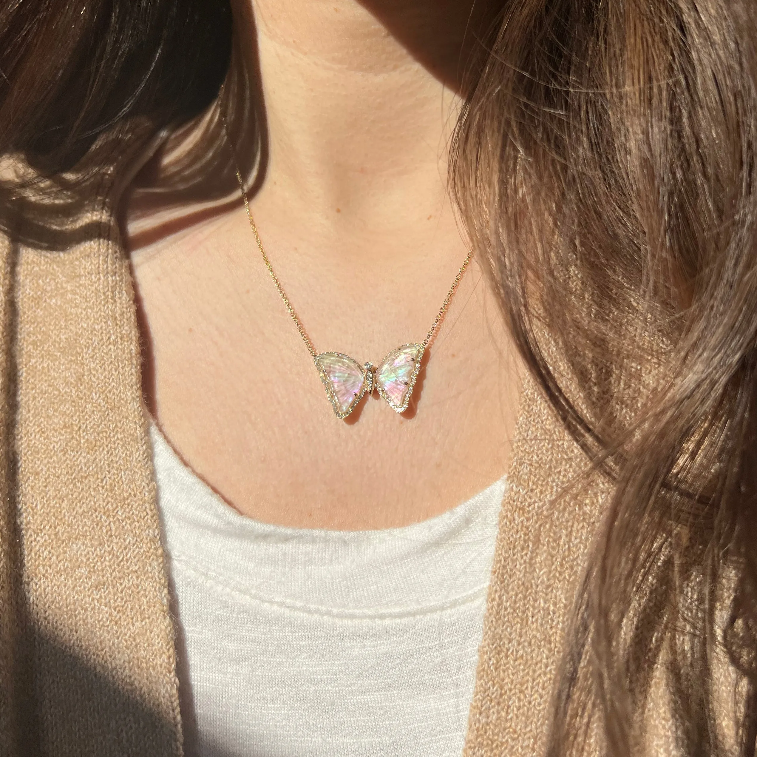 Rainbow Pearl and Tourmaline Butterfly Necklace with Diamonds