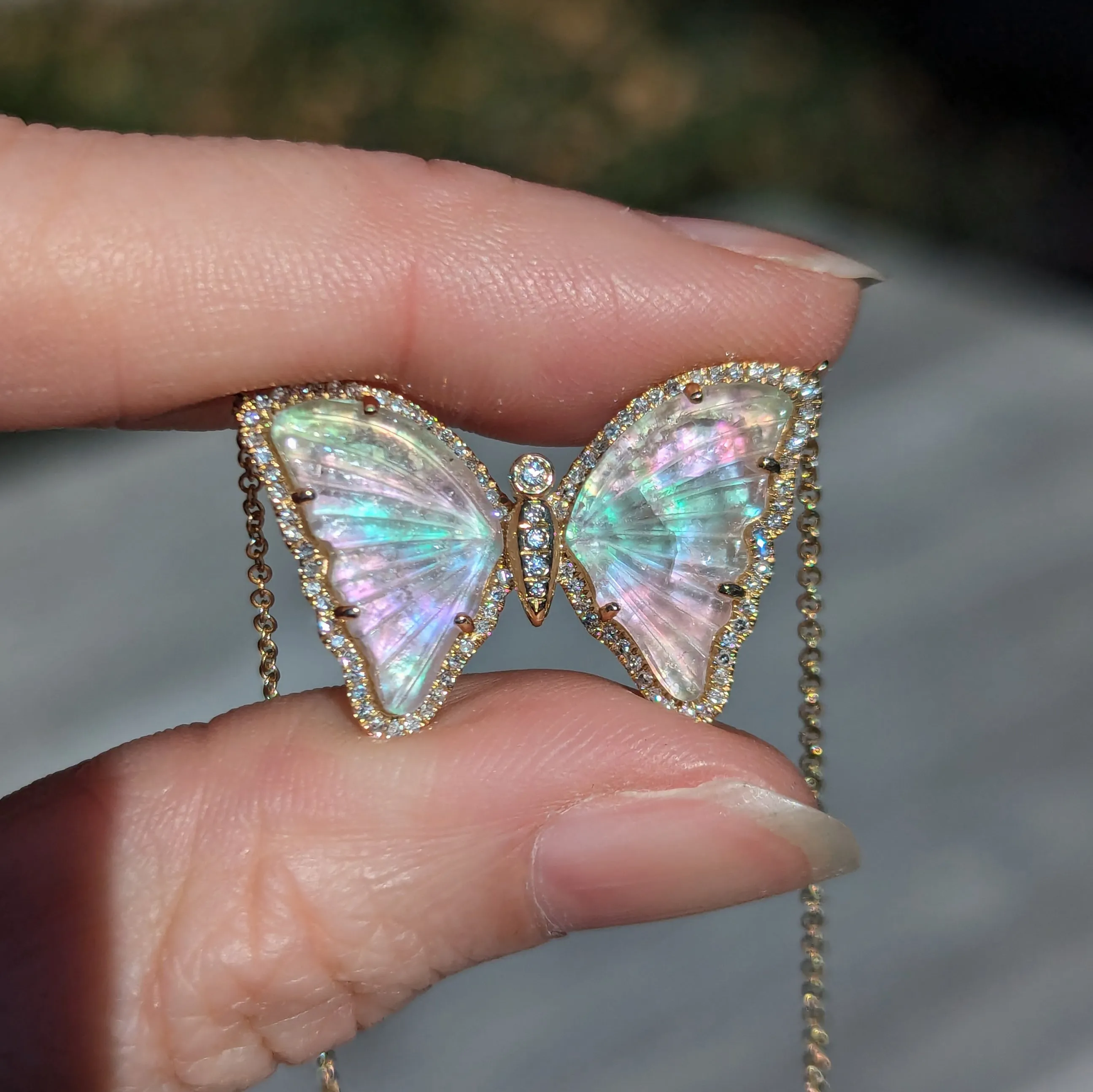 Rainbow Pearl and Tourmaline Butterfly Necklace with Diamonds