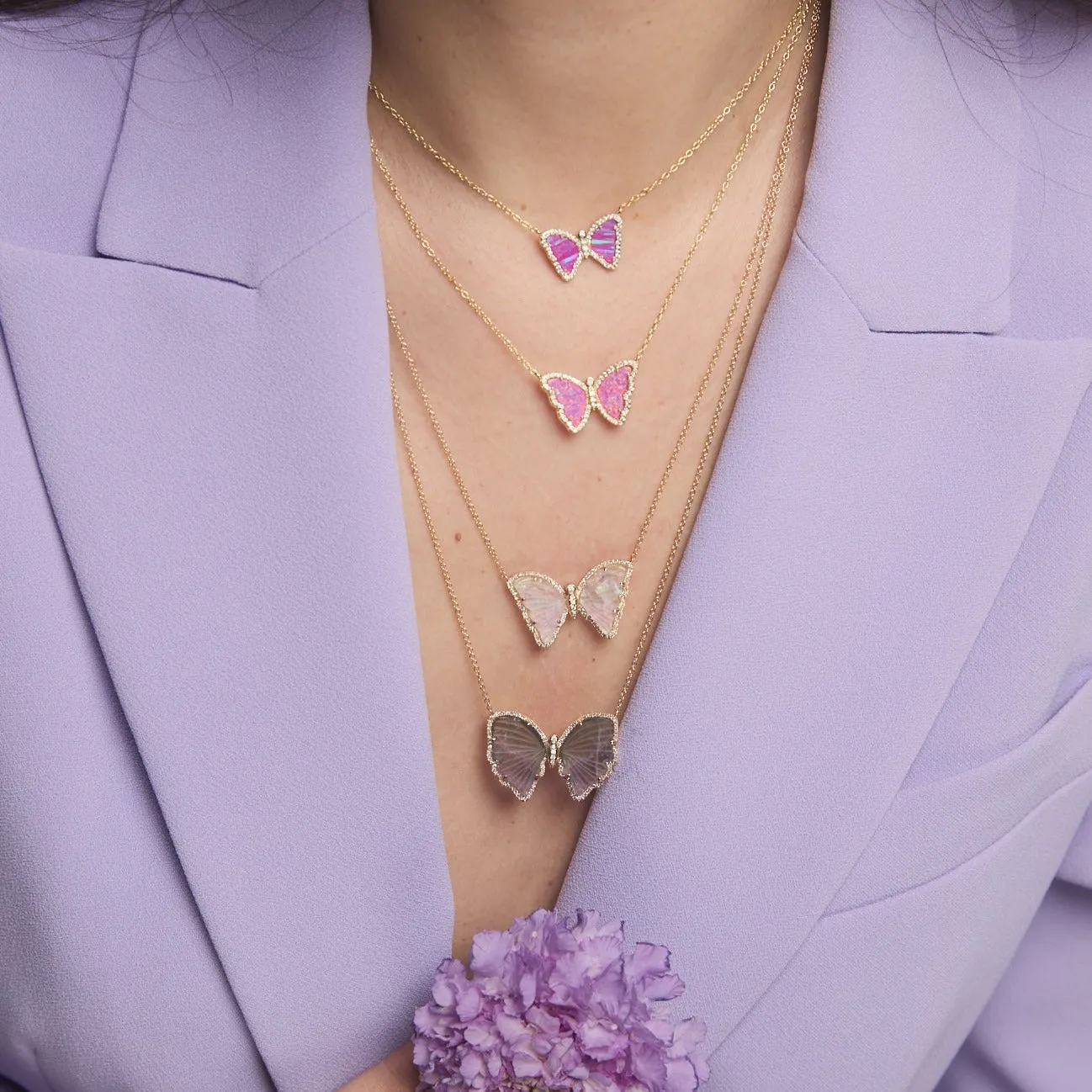 Rainbow Pearl and Tourmaline Butterfly Necklace with Diamonds