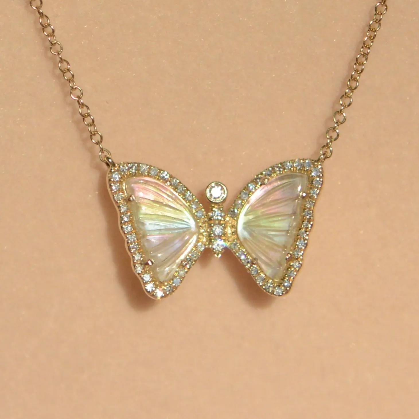 Rainbow Prism Butterfly Necklace With Pearl and Diamonds