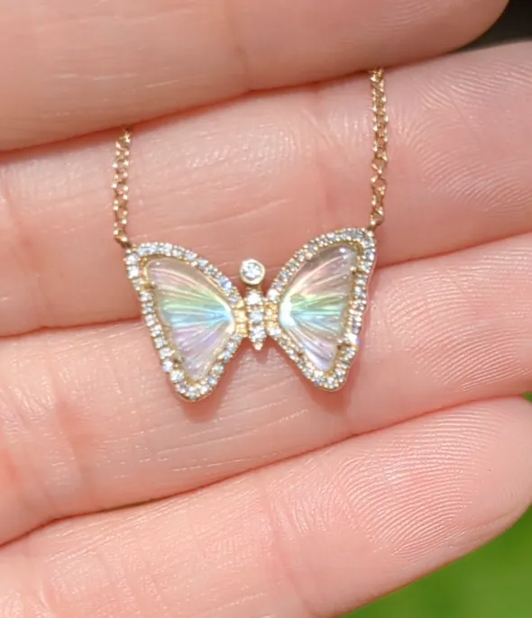 Rainbow Prism Butterfly Necklace With Pearl and Diamonds