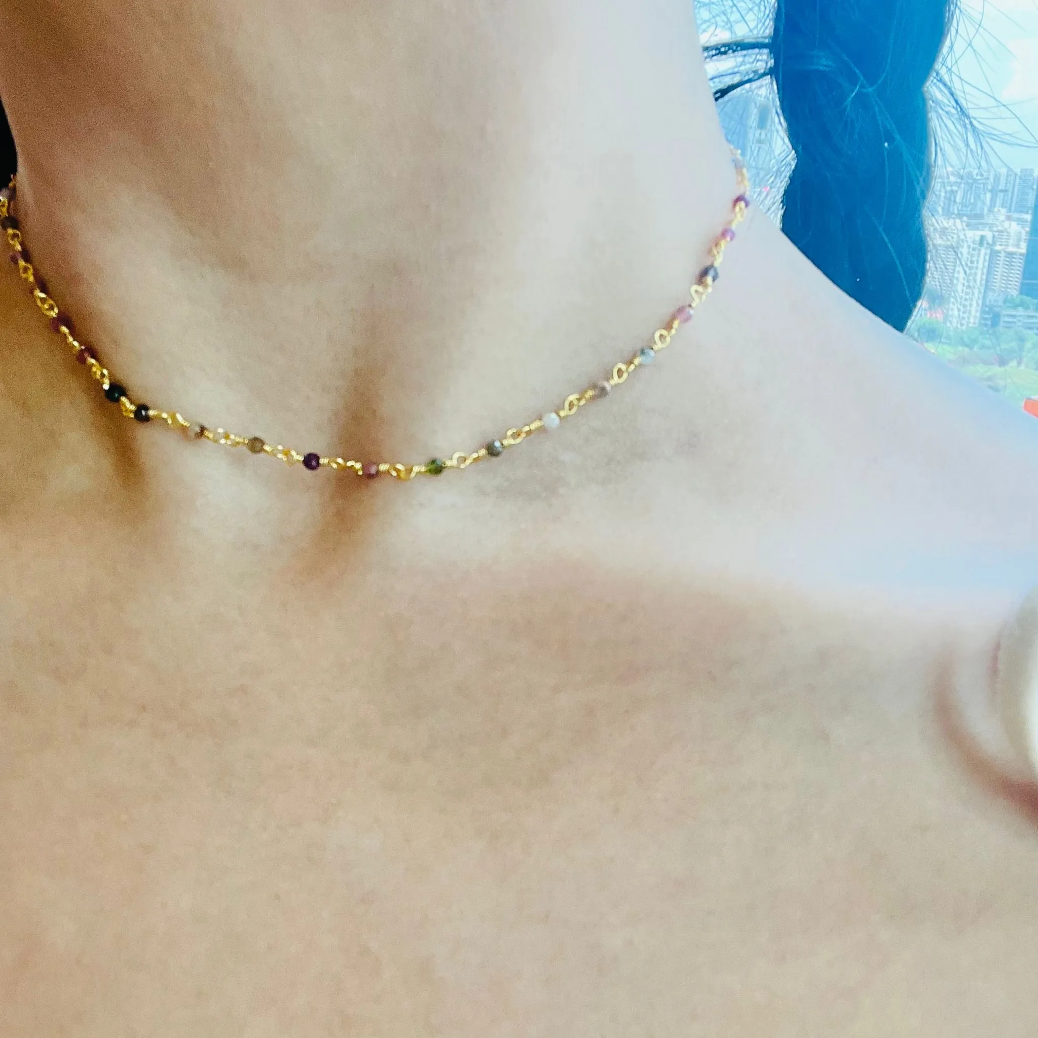 Rainbow Tourmaline Choker Necklace with Gold Hardware