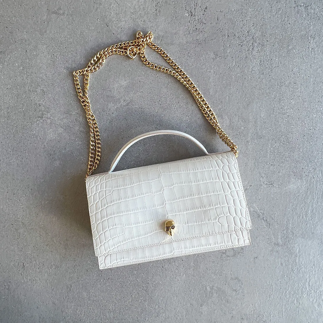 Skull Mini Bag with Top Handle - Croc Print, Ivory