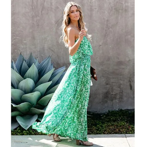 Summer New Leaf Print Off-shoulder Ruffled Dress