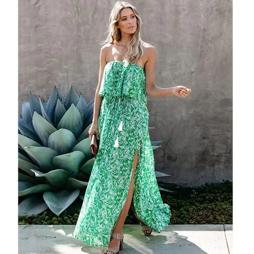 Summer New Leaf Print Off-shoulder Ruffled Dress