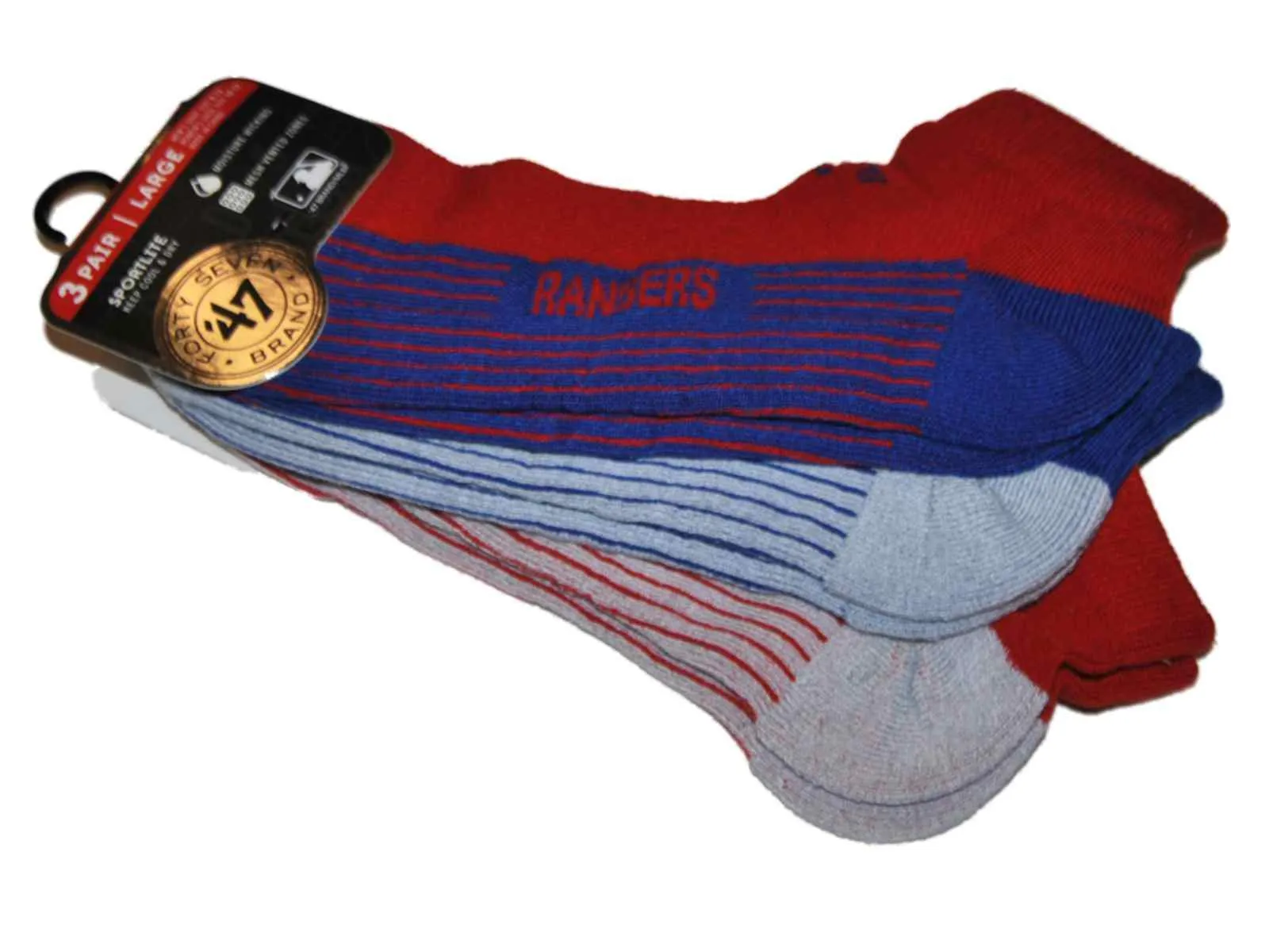 Texas Rangers 47 Brand Team Color 3 Pack Performance Low Cut Socks (L)