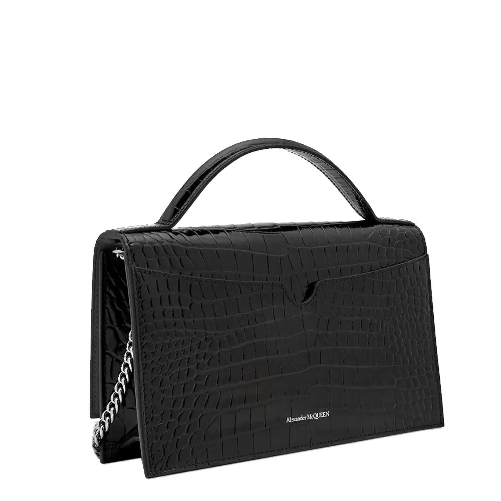 Top Handle Skull Handbag Croc, Black/Silver