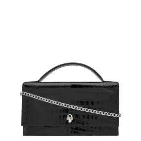 Top Handle Skull Handbag Croc, Black/Silver