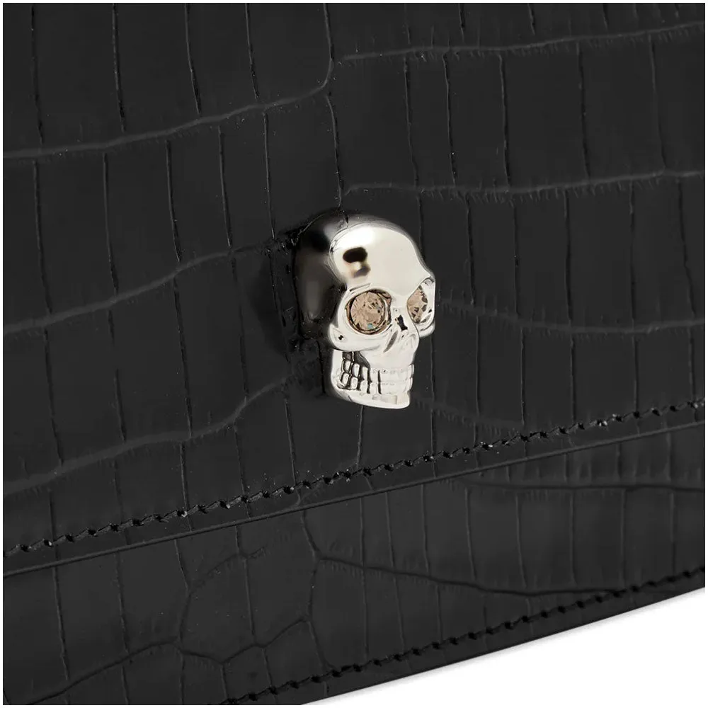 Top Handle Skull Handbag Croc, Black/Silver