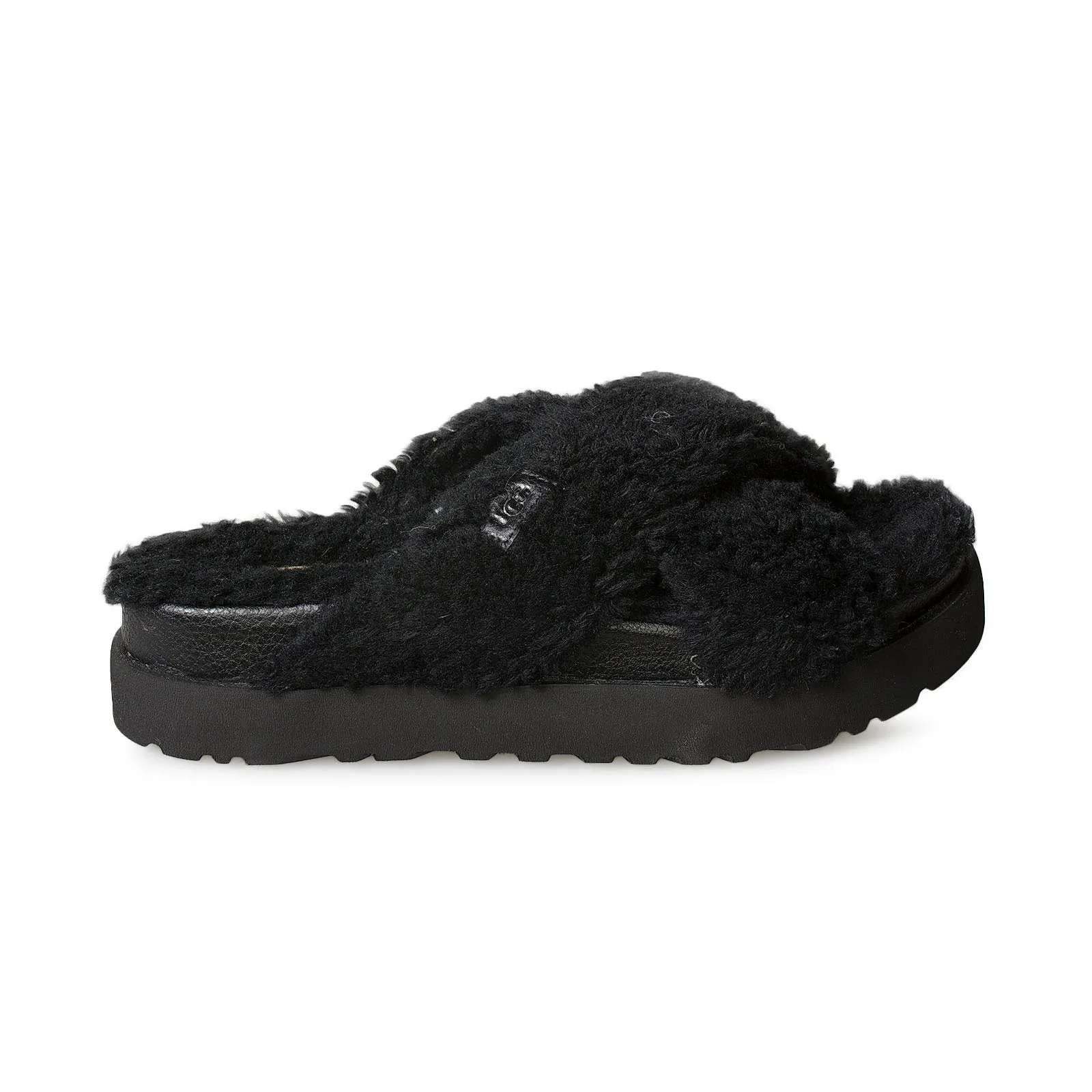 UGG Women's Black Fuzz Sugar Cross Slide Slippers