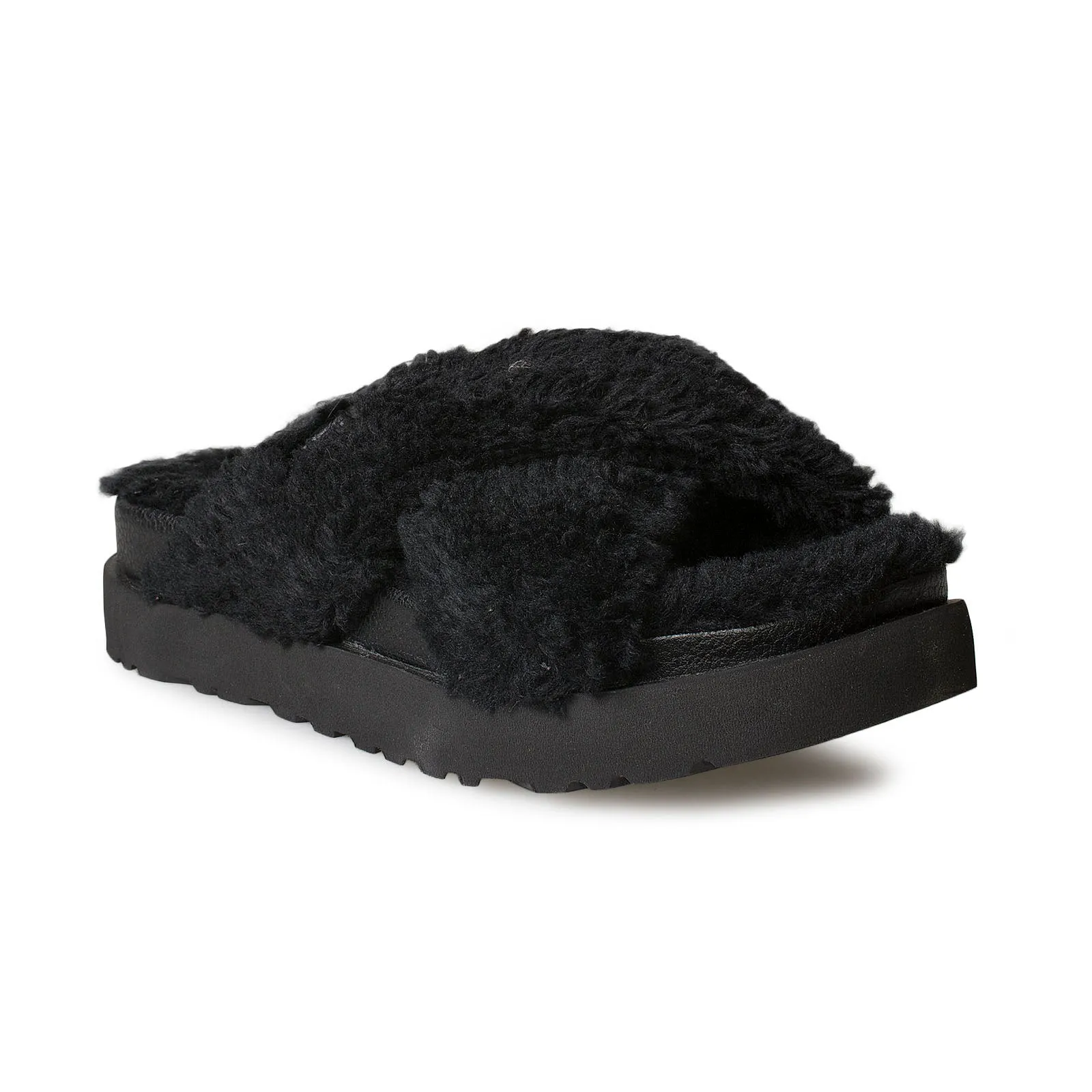 UGG Women's Black Fuzz Sugar Cross Slide Slippers