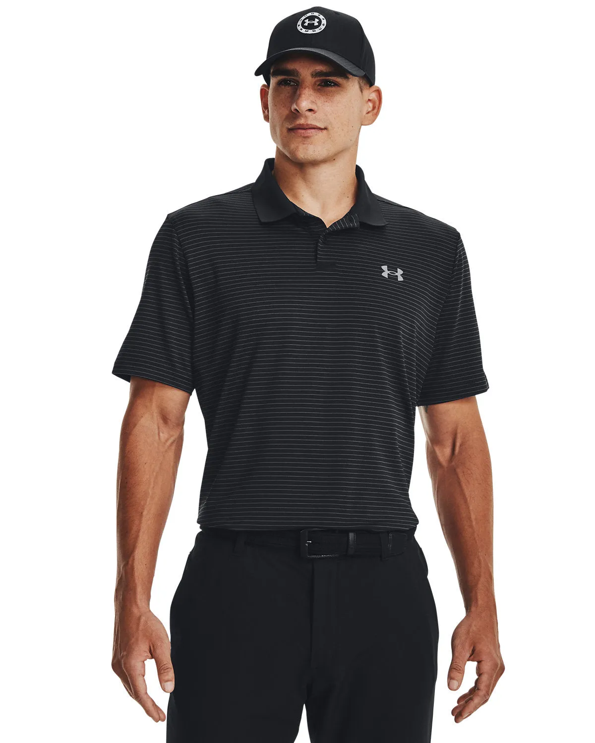 Under Armour Mens 3.0 Striped Perf Custom Polos, Black