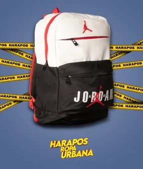 White/Black Leather/Canvas Jordan Backpack with Red Logo