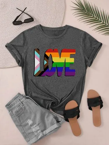 Women's T-shirt Short Sleeve T-Shirts Casual Letter Rainbow