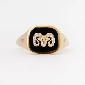 Zodiac Aries Signet Ring with Ceramic and Diamond